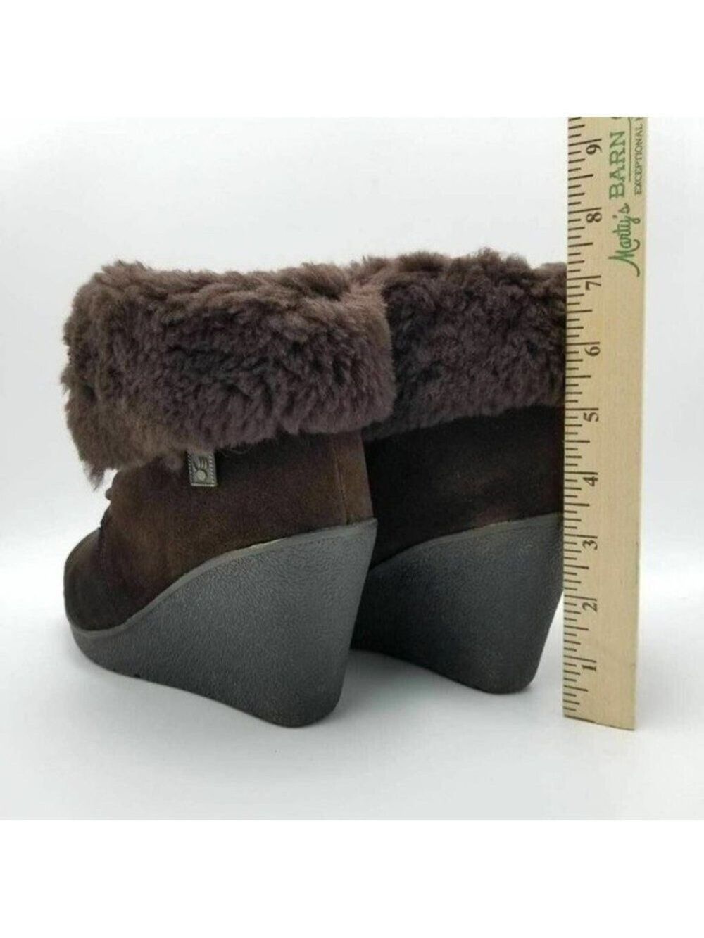 BEARPAW Flatiron Sheepskin Leather Suede Wedge Boots Brown Size 7 - Picture 5 of 11